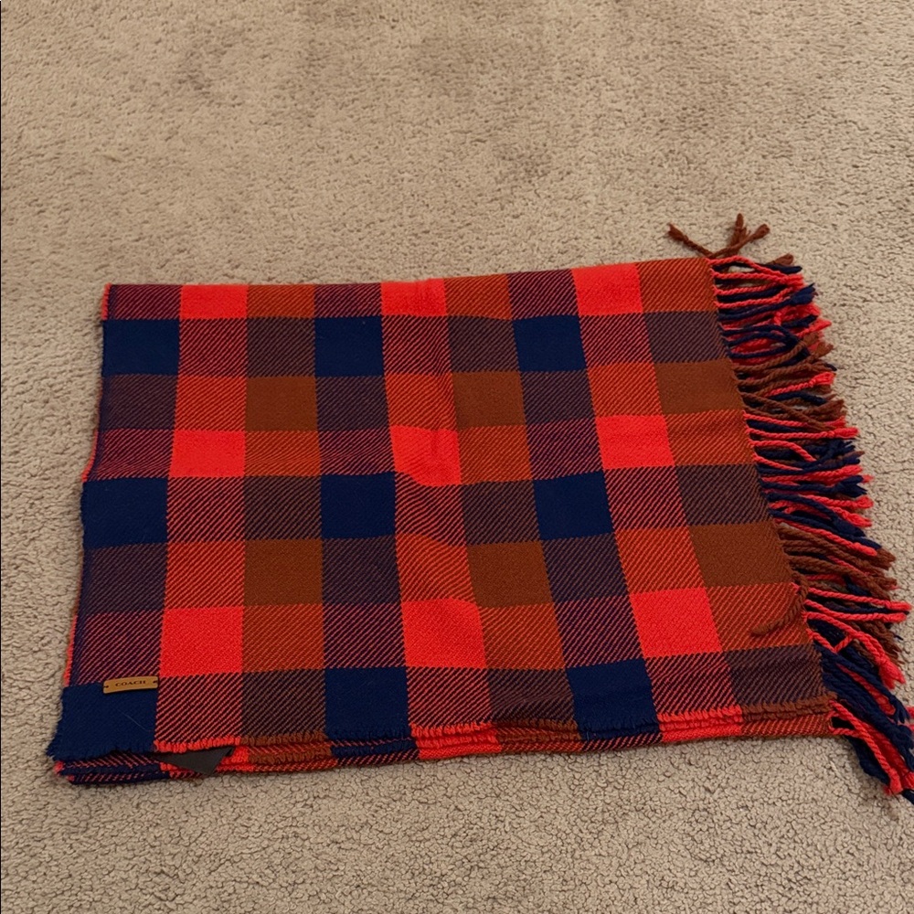 Coach Vibrant Red and Navy Plaid Throw